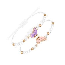 BFF Bracelets for 2-Butterfly Matching Bracelets Adjustable Purple Pink-White
