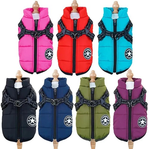 Dog Coat Waterproof With Harness Jacket Raincoat Winter Zip Coats Pet Hole Warm