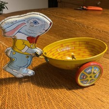 Vintage 1940s J Chein and Company Easter Bunny Pulling Egg Cart Tin Toy