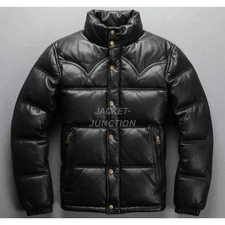 Men's Black Puffer Jacket Genuine Lambskin Leather Quilted Down Jacket Duty Paid