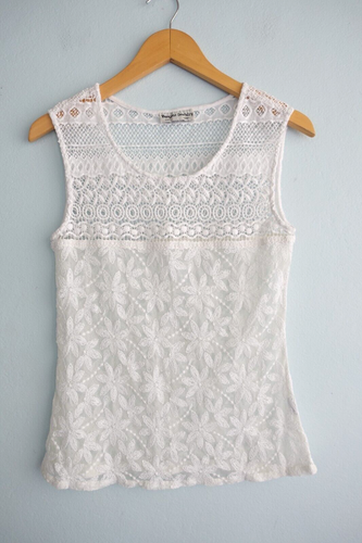 Vintage Francoise Esterhazy Top Tank S - M Ivory Floral Lace Stretch Embroidered
