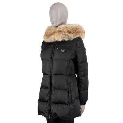 68544 auth PRADA black nylon FUR TRIM QUILTED DOWN Puffer Parka