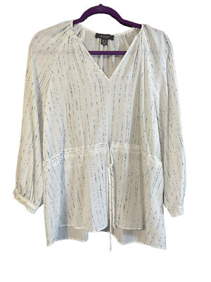 Primark Womens Blouse Cuffed, Long Sleeves White With Blue Drip Pattern Size 8