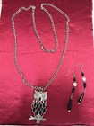 Vintage Style Handmade Necklace Earring Set 33” Tibetan Silver Black Beaded Owl