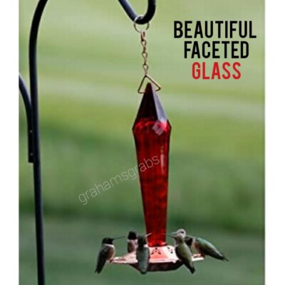 BEAUTIFUL RUBY RED FACETED BLOWN GLASS HUMMINGBIRD FEEDER HANDCRAFTED SE4000