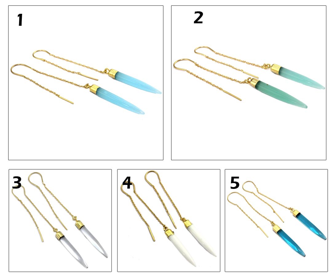 Pencil Chalcedony Topaz Quartz Gold Plated Long Ear Wire Tassel Thread Earrings