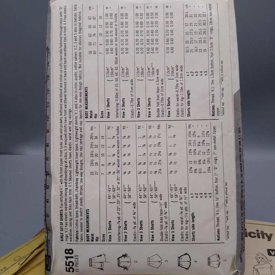 Vintage Sewing PATTERN Simplicity 5518, Girls 1982 Set of One-Yard Shorts, Child - Image 3 of 3