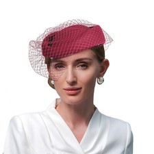 Burgundy Wool Felt Fascinators Hat For Women Lady Wedding Pillbox Hats With Veil