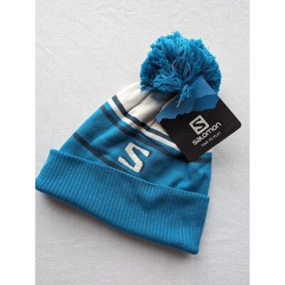 Women's Salomon Pom Heritage Beanie Hat Blue Knit Logo Winter Sports Unisex NEW