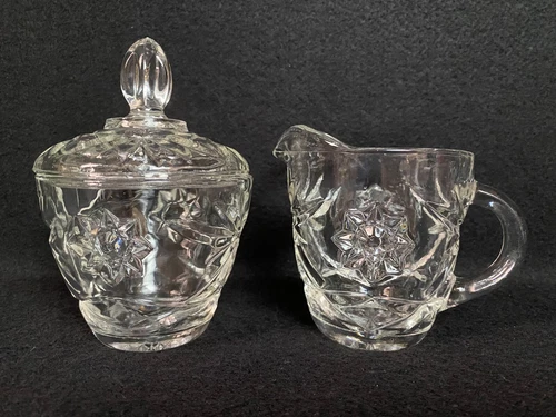 Vintage Anchor Hocking Star of David Sugar Bowl w/ Lid & Creamer Clear Glass