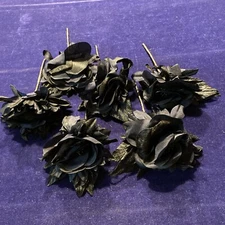 6p Millinery Flower Rose Black Velvet fringed Petals 4 1/2” w/velvet leaves G96a