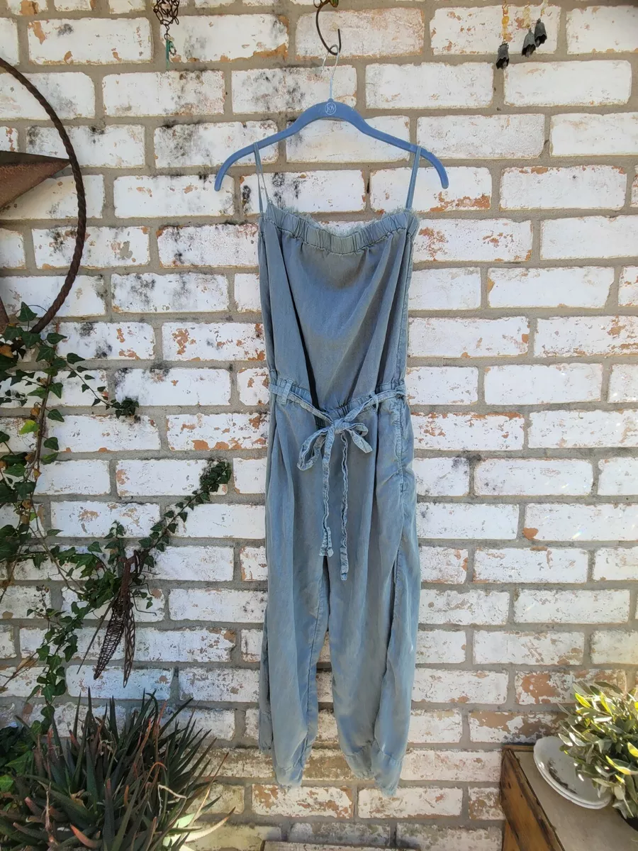 Women s Size S Cloth Stone Strapless Fray Crop Belted Olive Jumpsuit