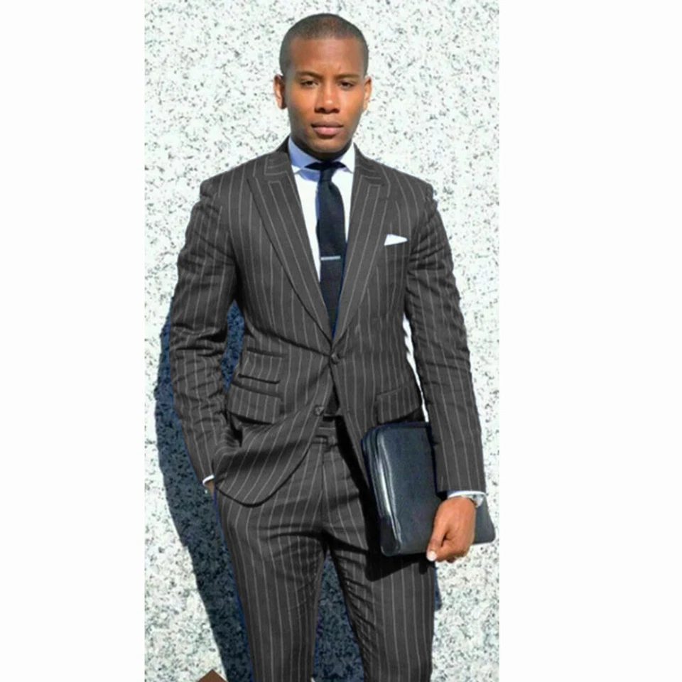 Traje de hombre a rayas con solapa de pico 2 piezas oficial de negocios boda novio esmoquin abrigo Foto 4 de 4