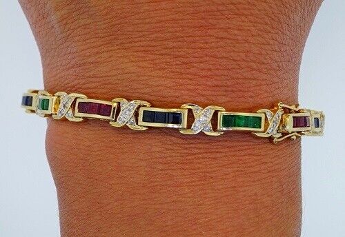 4.30CT 14K Yellow Gold Over Tennis Bracelet Ruby Sapphire & Emerald 935 Silver - Picture 1 of 7