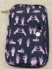 Yoobi Pencil Organizer Zipper Personal Pouch Case Pockets Black Pink Hand Signs