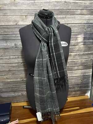 $126 Neiman Marcus Women's Gray Plaid Fringed Trim Cashmere Scarf Size O/S 