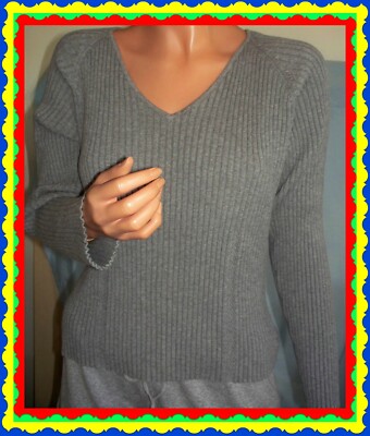 L Large XL Gray Context Ribbed Pullover Sweater Top V Neck Cotton Blend Shirt
