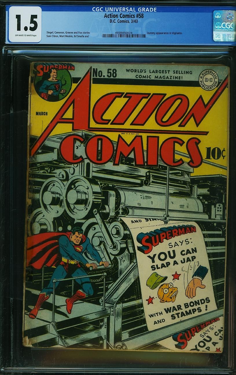 1943 D.C. Comics Action Comics 58 CGC 1.5. Superman Slap a Jap Cover