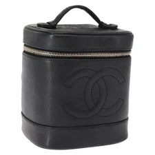 CHANEL COCO Mark Vanity Pouch Hand Bag Grained Calf Skin Black Gold CC Auth ...
