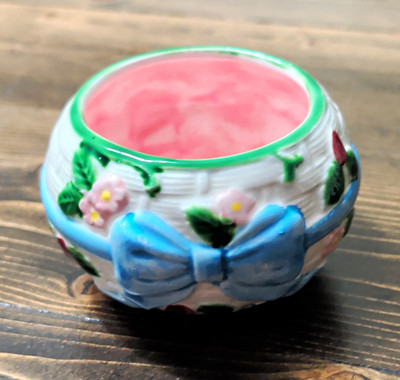 Avon 1987 Hand Painted Ceramic Trinket Bowl, Blue Bow & Floral, Pink