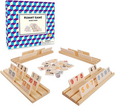 Upgraded Rummy Cube Game with 106 Large Number Rummy Tiles Set, 4 Wooden Racks 