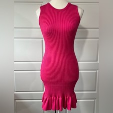 Hot Pink Ribbed Knit Sleeveless Bodycon Mini Dress Ruffle Hem Spring Small