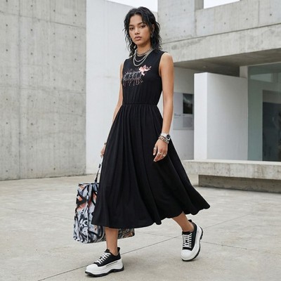 MSGM Black Cotton Jersey Sleeveles Midi Dress Logo size XS
