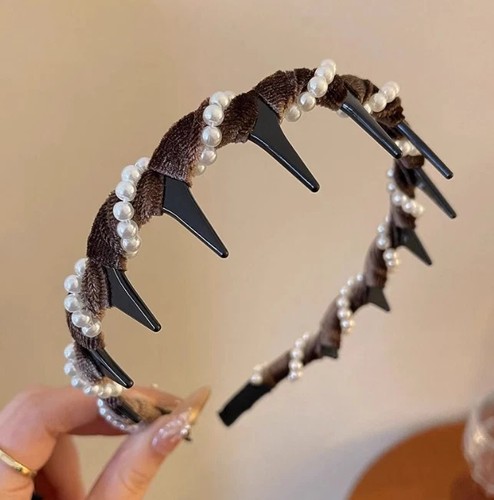 Cerchietto per capelli vintage alto cranio perle artificiali,eleganti fasce di perle da donna - Foto 22 di 22