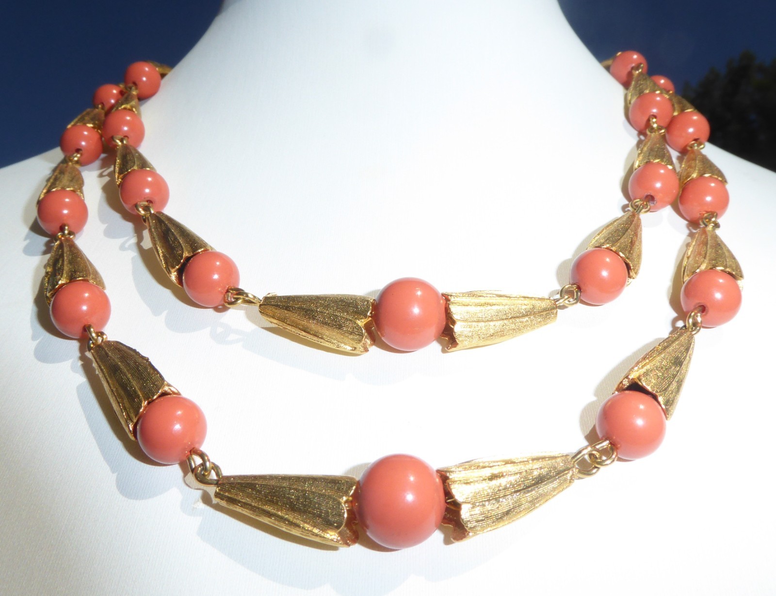 Spectacular Vintage Gold Tone Faux Coral Beaded 2 Strand Necklace Lady Remington