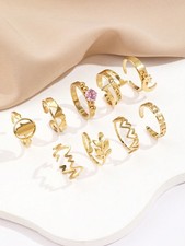 9pcs Adjustable Yellow Gold Women's Ring Set Roman Numeral Love Pink Minimalist