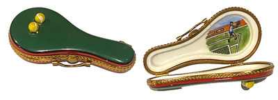 LIMOGES PEINT MAIN Hinged Box-TENNIS Case w/ BALLS & TENNIS Court Scene Inside