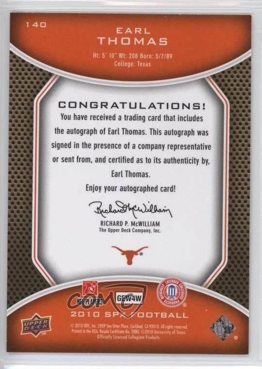2010 SPx Signatures /140 Earl Thomas III #140 Rookie Auto RC - Image 2 of 2