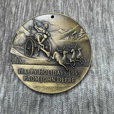 Vintage John Deere Christmas Ornament 1993 Antique Brass Tractor Holidays Santa