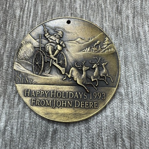 Vintage John Deere Christmas Ornament 1993 Antique Brass Tractor Holidays Santa