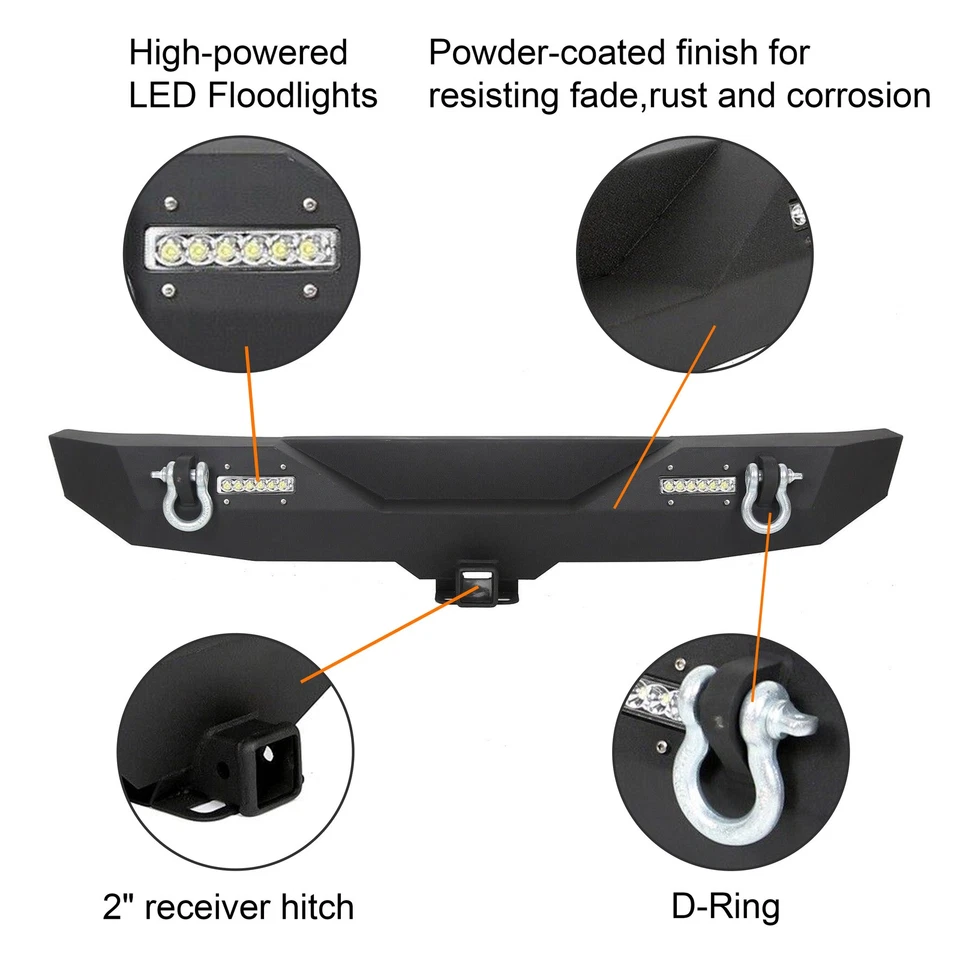 Rear Bumper w/ D Ring 2" Receiver LED light Black For 2007-2018 Jeep Wrangler JK - Image 4 of 4