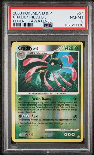 2008 POKEMON DIAMOND & PEARL LEGENDS AWAKENED #21 CRADILY-REVERSE FOIL PSA 8