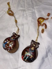 Castanets Instrument Wooden Brown Hand Painted Bull Fighter  & Dancers Vintage