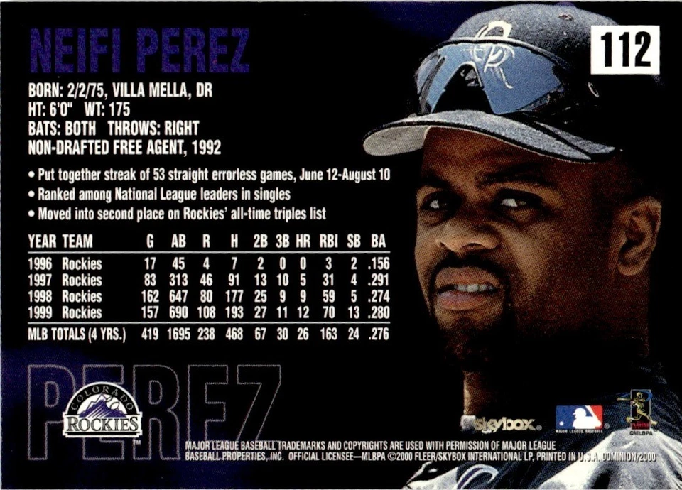 2000 SkyBox Dominion Neifi Perez Colorado Rockies #112 - Image 2 of 2
