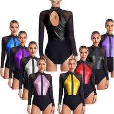Women Color Block Sheer Mesh Gymnastics Leotard Long Sleeve Bodysuit Performance