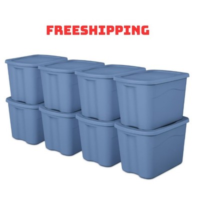 Sterilite 18 Gallon Plastic Storage Bin with Snap-on Lid, Light Blue, 8 Pack
