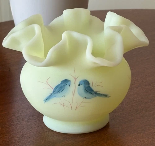 FENTON GLASS Blue Birds Satin Custard VASE 4" ht Ruffled Edge Signed ANDERSON