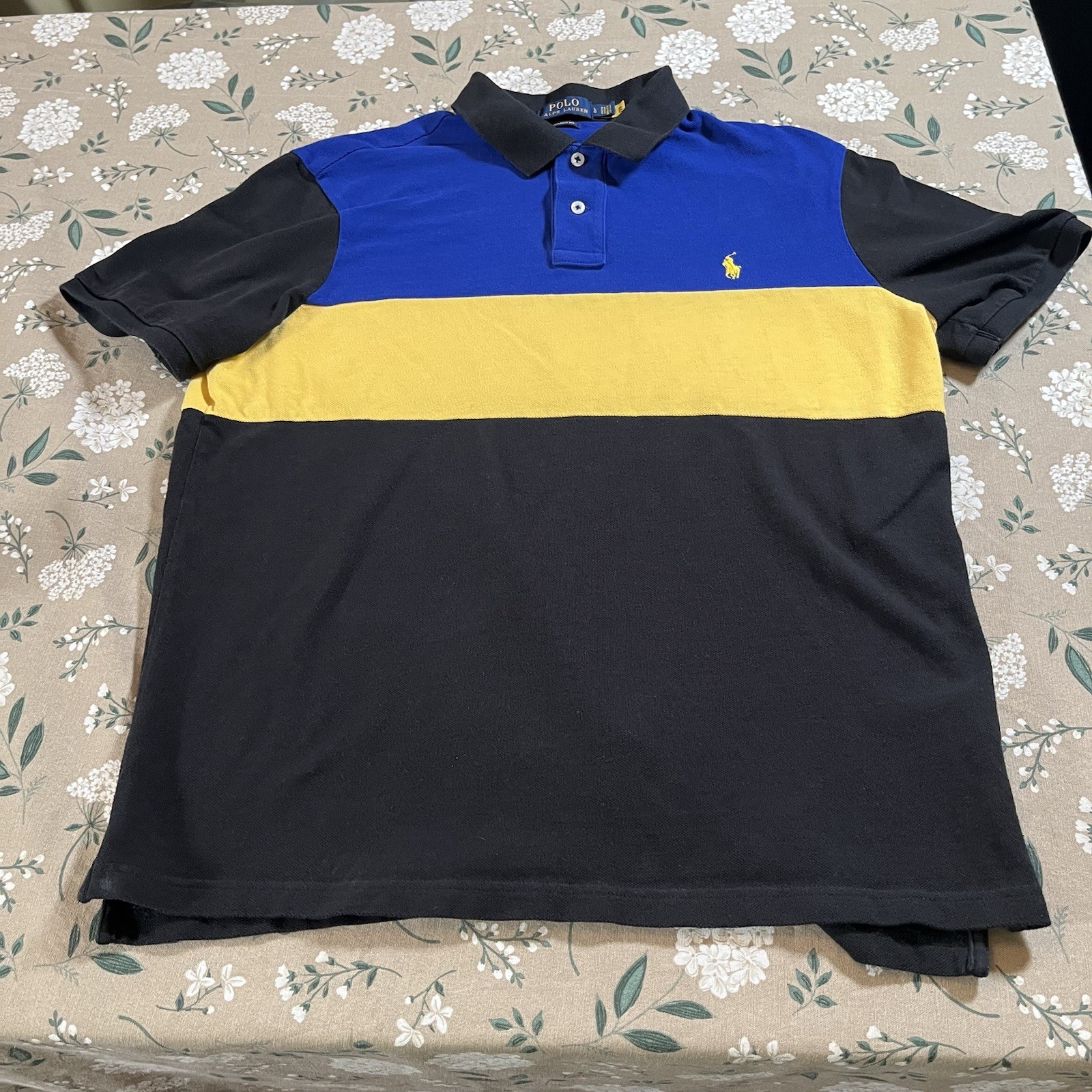 POLO Ralph Lauren Cotton Blue Yellow Black Block Stripe Polo Shirt Men’s L