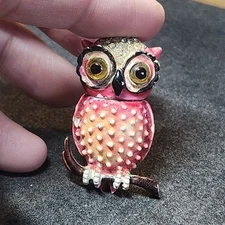 Colorful Cora Pink Owl Brooch Pin W/ Swiveling Head