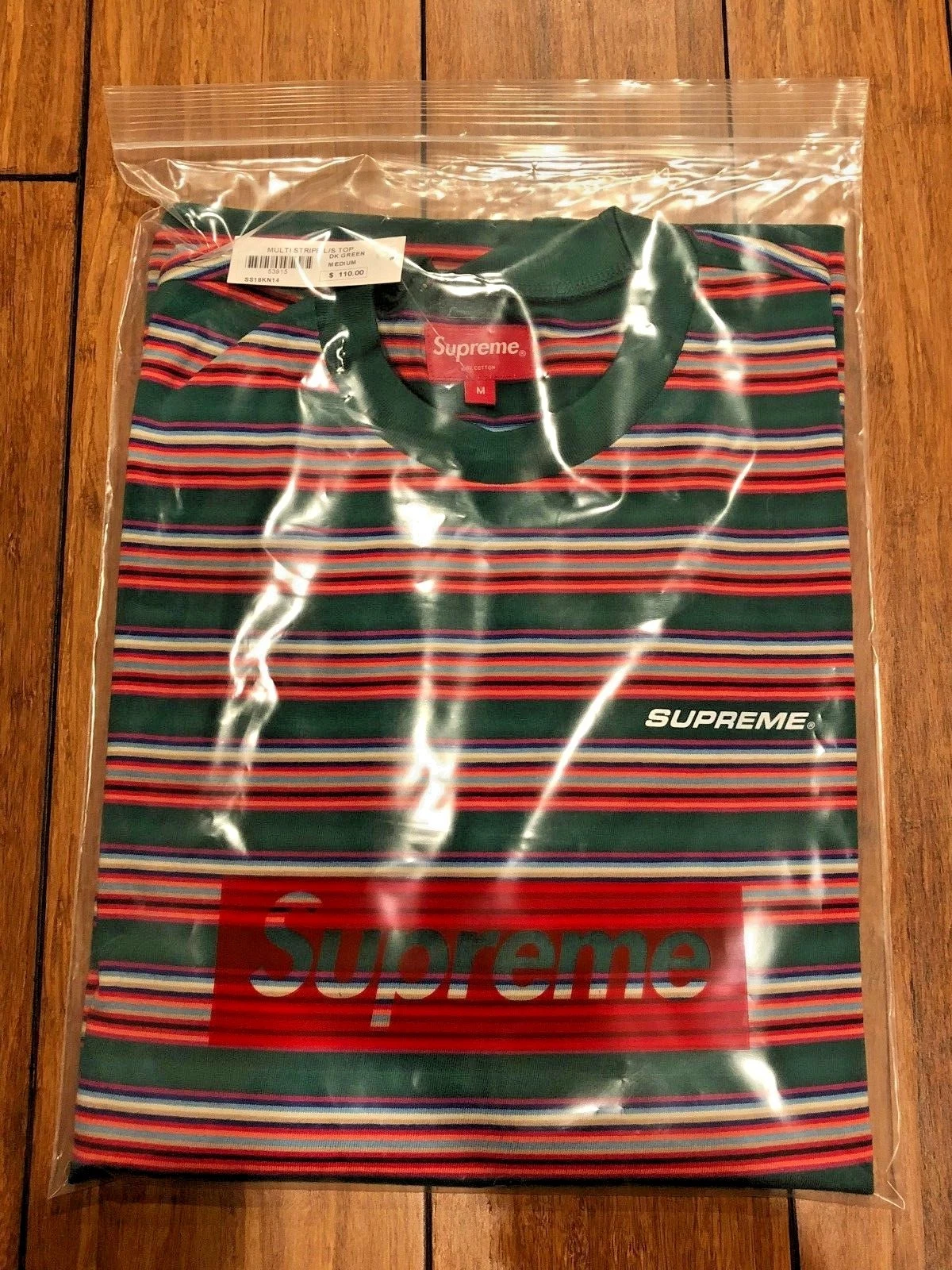 TOP SUPRÊME SS18 MULTI RAYURES L/S VERT FONCÉ MOYEN M AUTHENTIQUE NEUF SOUS BLISTER !