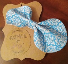 Handmade "Blue Damask" Faux Leather Oval Hair Bow Alligator Clip Appr. 2x4"