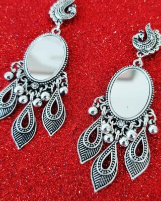 SPIEGEL BOHO PFAU silberfarbene Jhumka Ohrringe indisch pakistanisch Hochzeit 