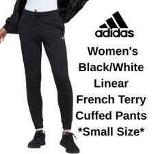 adidas Women's Black/White Linear French Terry Cuffed Pants Small Size  FS