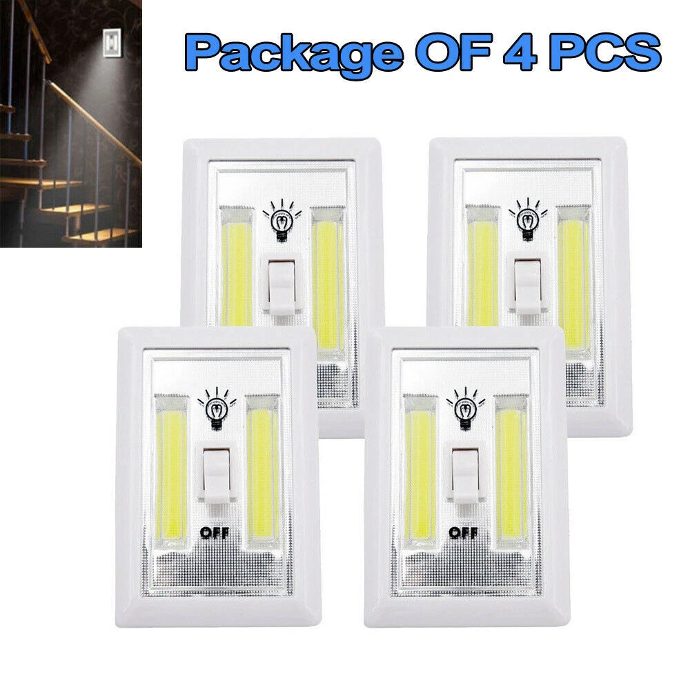 4Pcs COB LED Switch Wall Night Light Battery Home Camping Cabinet