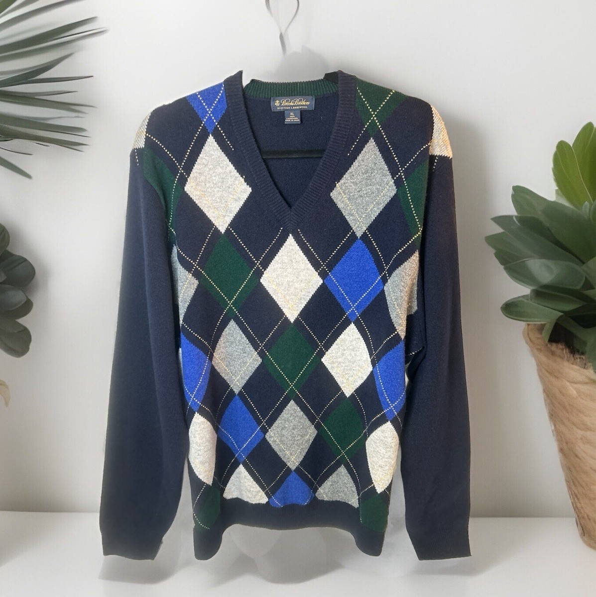 Vtg Brooks Brothers Blue Argyle Scottish Lambs Wool Cardigan