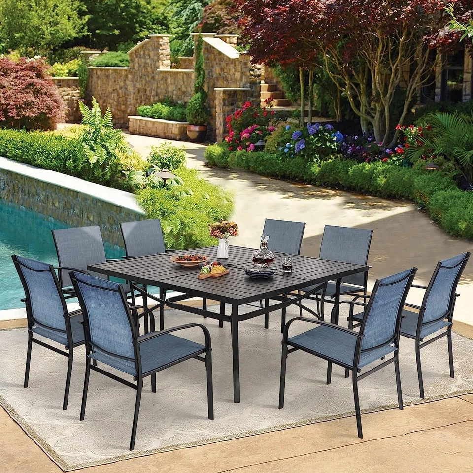 Juego de comedor de patio exterior de 9 piezas mesa cuadrada de 60" con orificio para sombrilla 8 sillas Foto 3 de 4